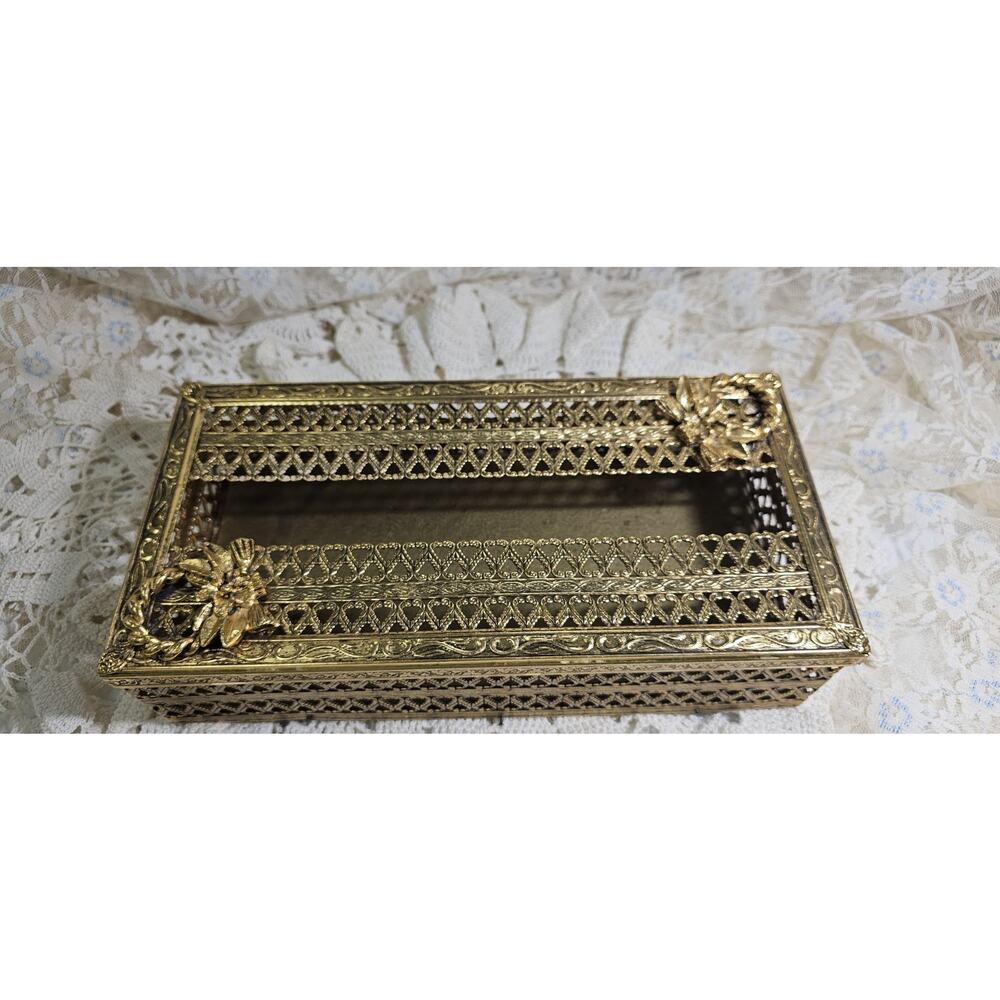 MCM Gold Tone Filigree Brass Tissue Box Holder